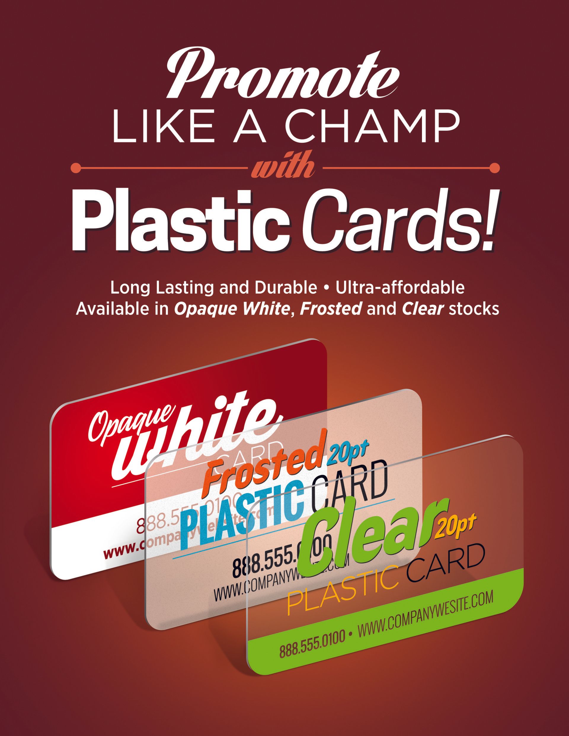 A poster that says promote like a champ with plastic cards