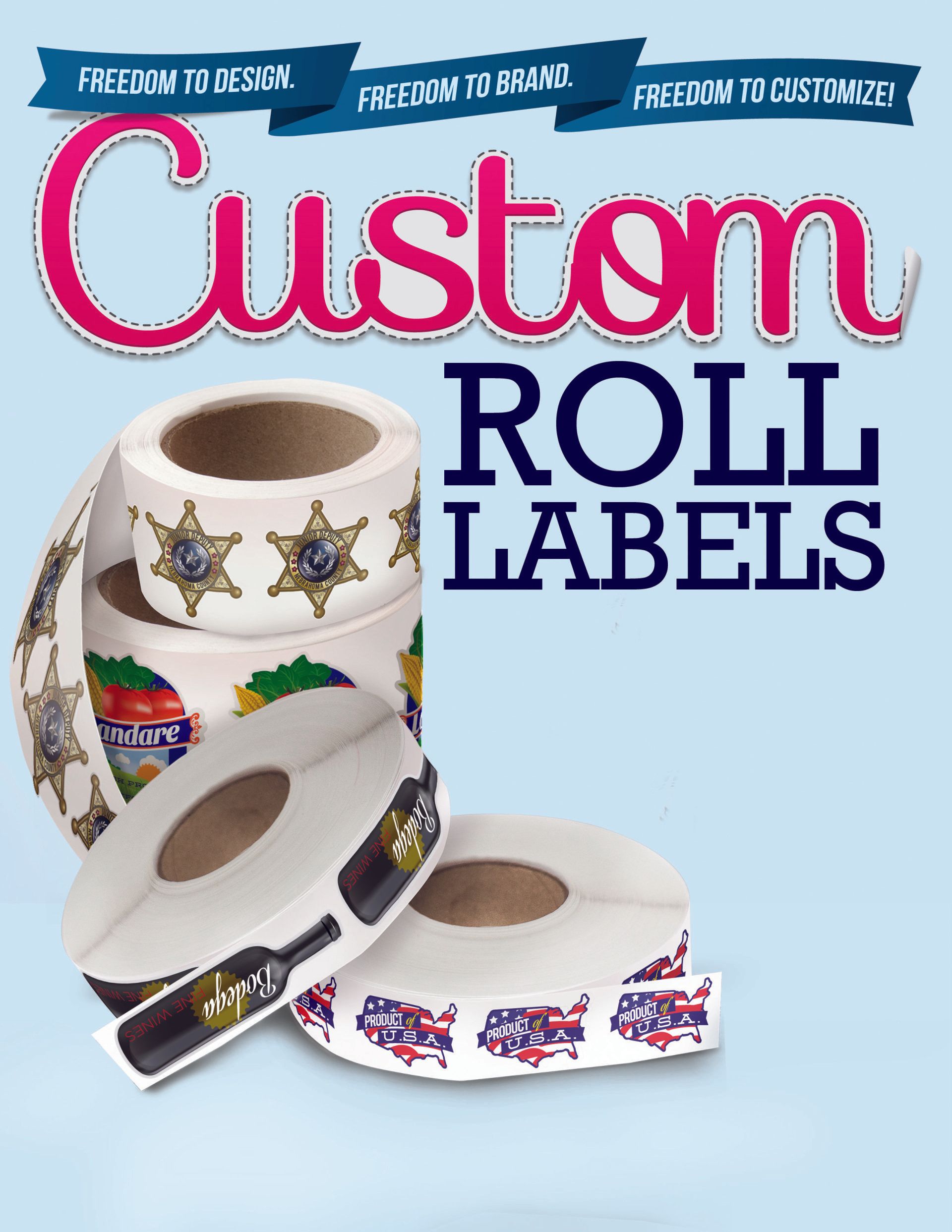 A bunch of rolls of custom roll labels on a blue background