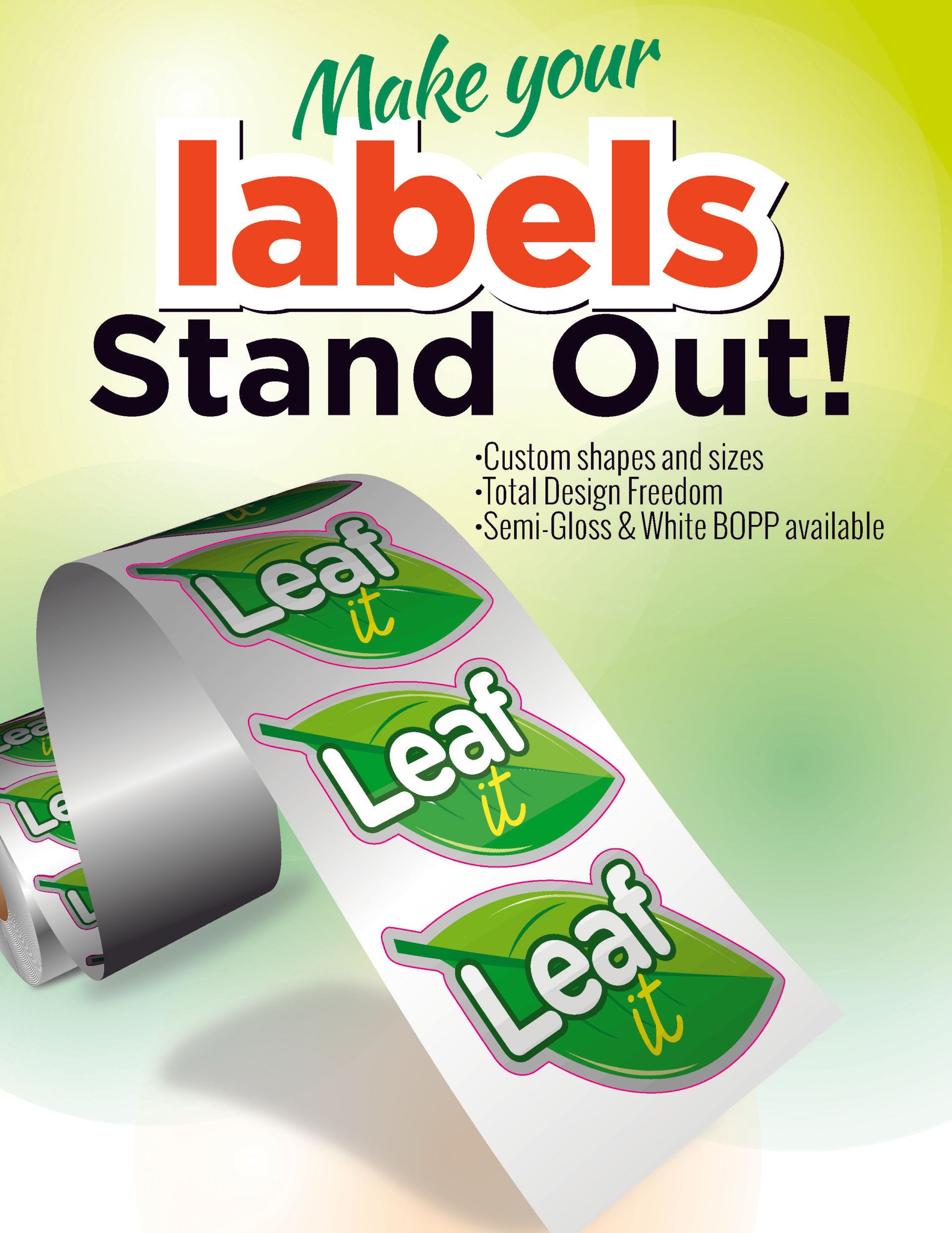 A roll of leaf stickers with the words `` make your labels stand out '' on a green background.