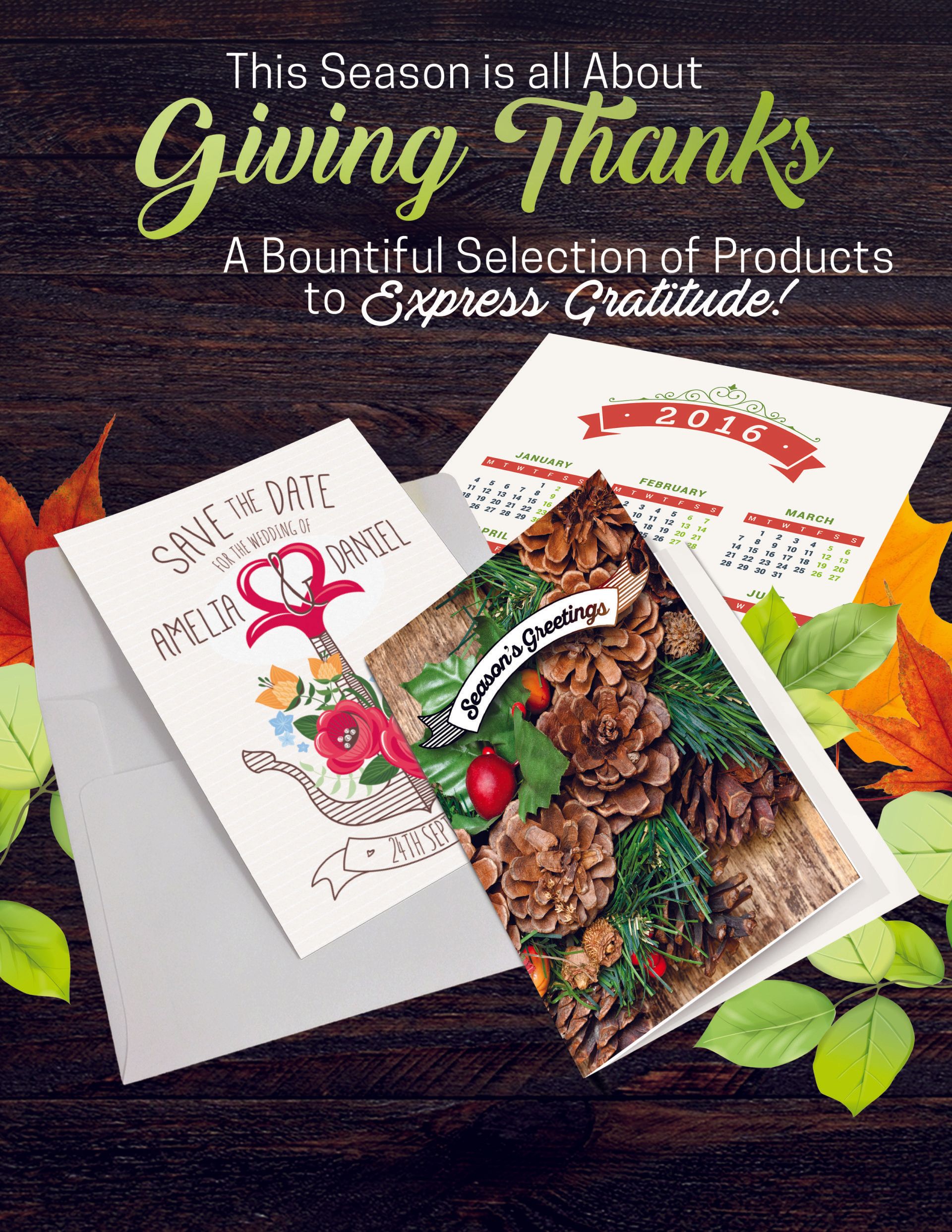 A bunch of thanksgiving cards are sitting on top of each other on a wooden table.