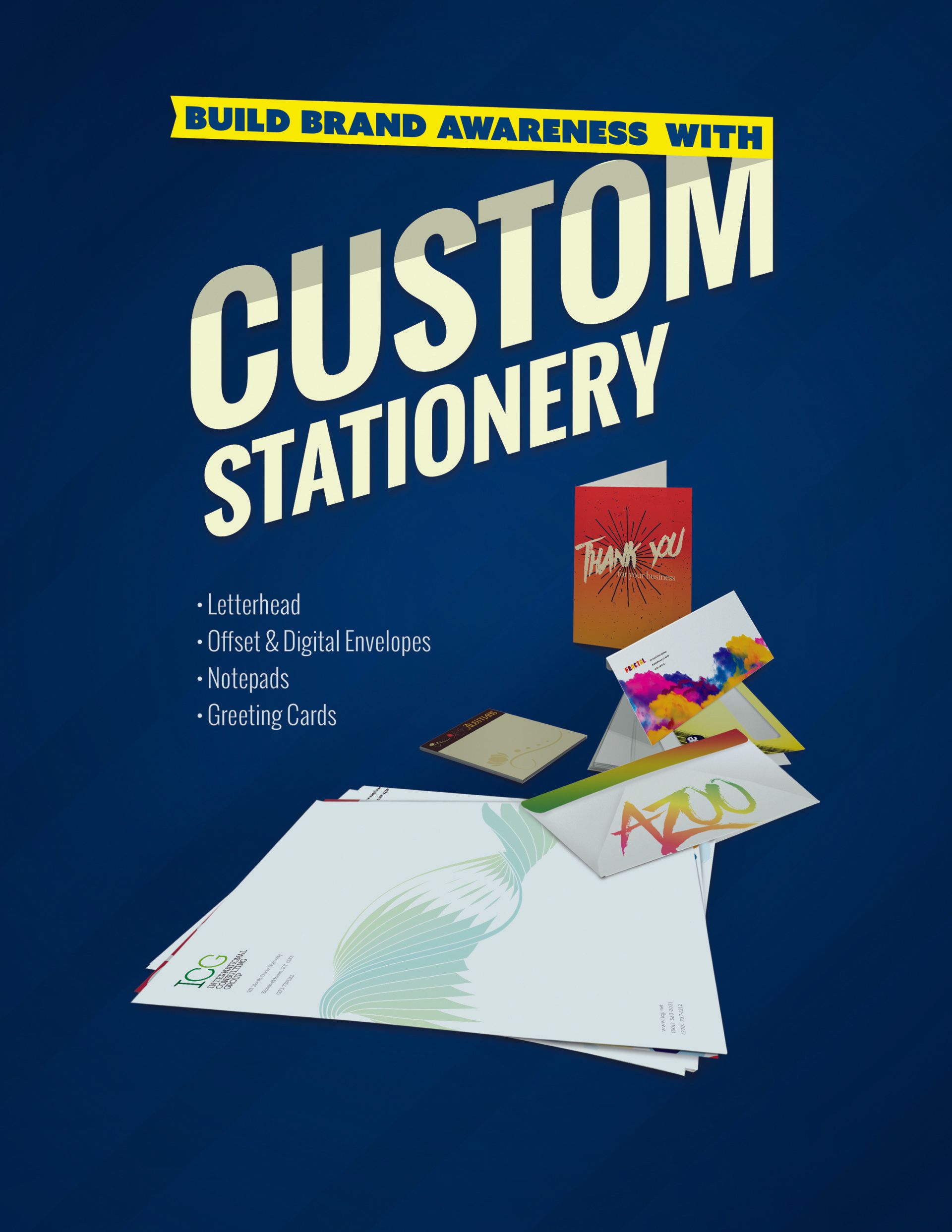 A blue poster that says custom stationery on it