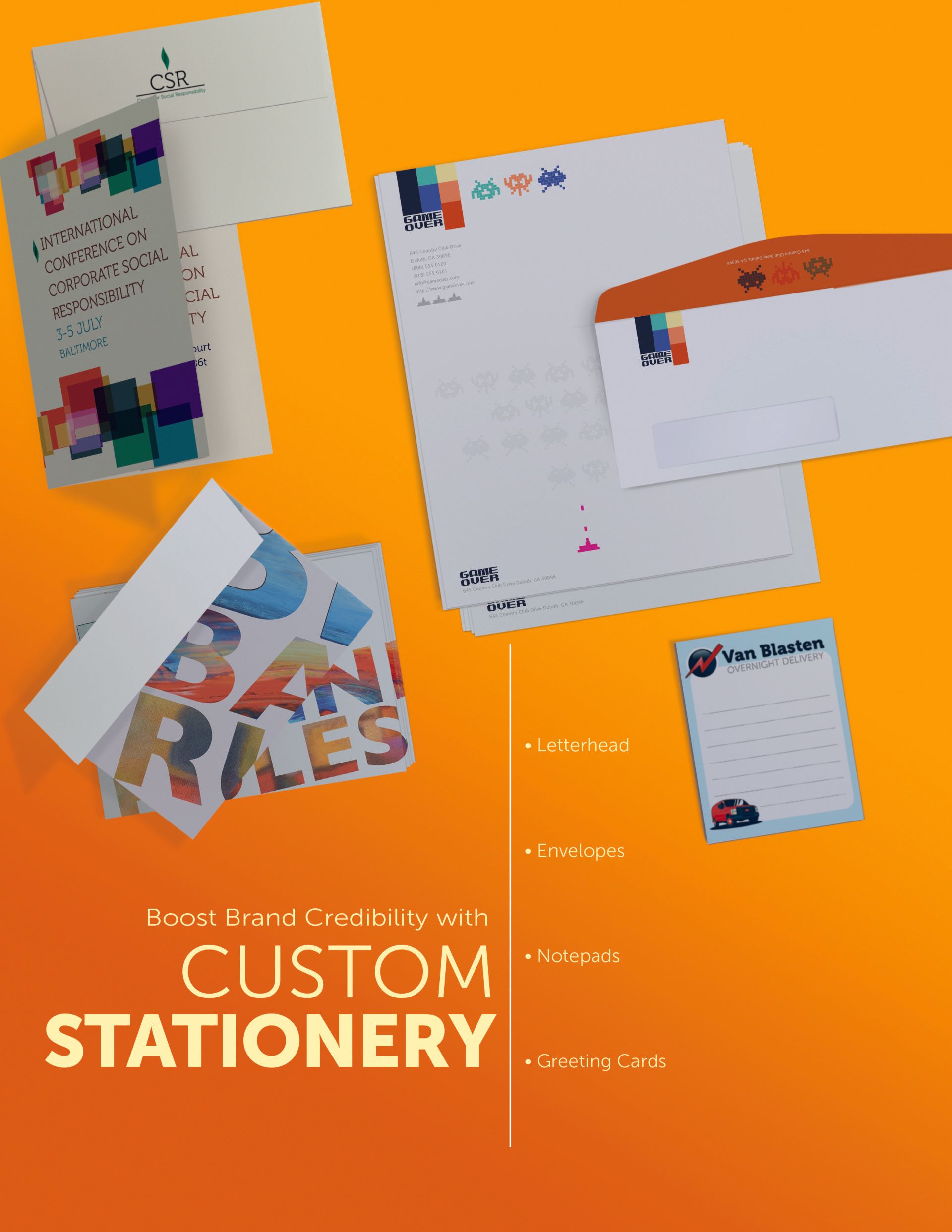 A book titled custom stationery is displayed on a bright orange background