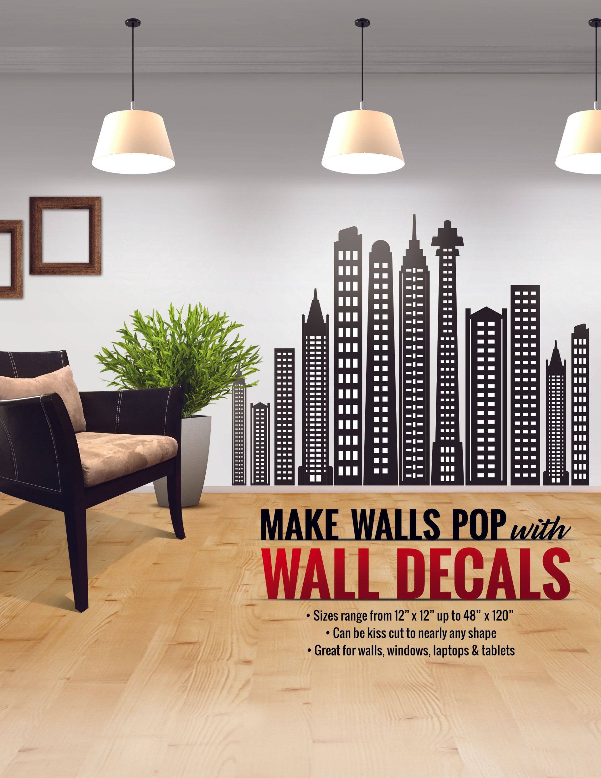 A living room with a chair and a sign that says make walls pop with wall decals
