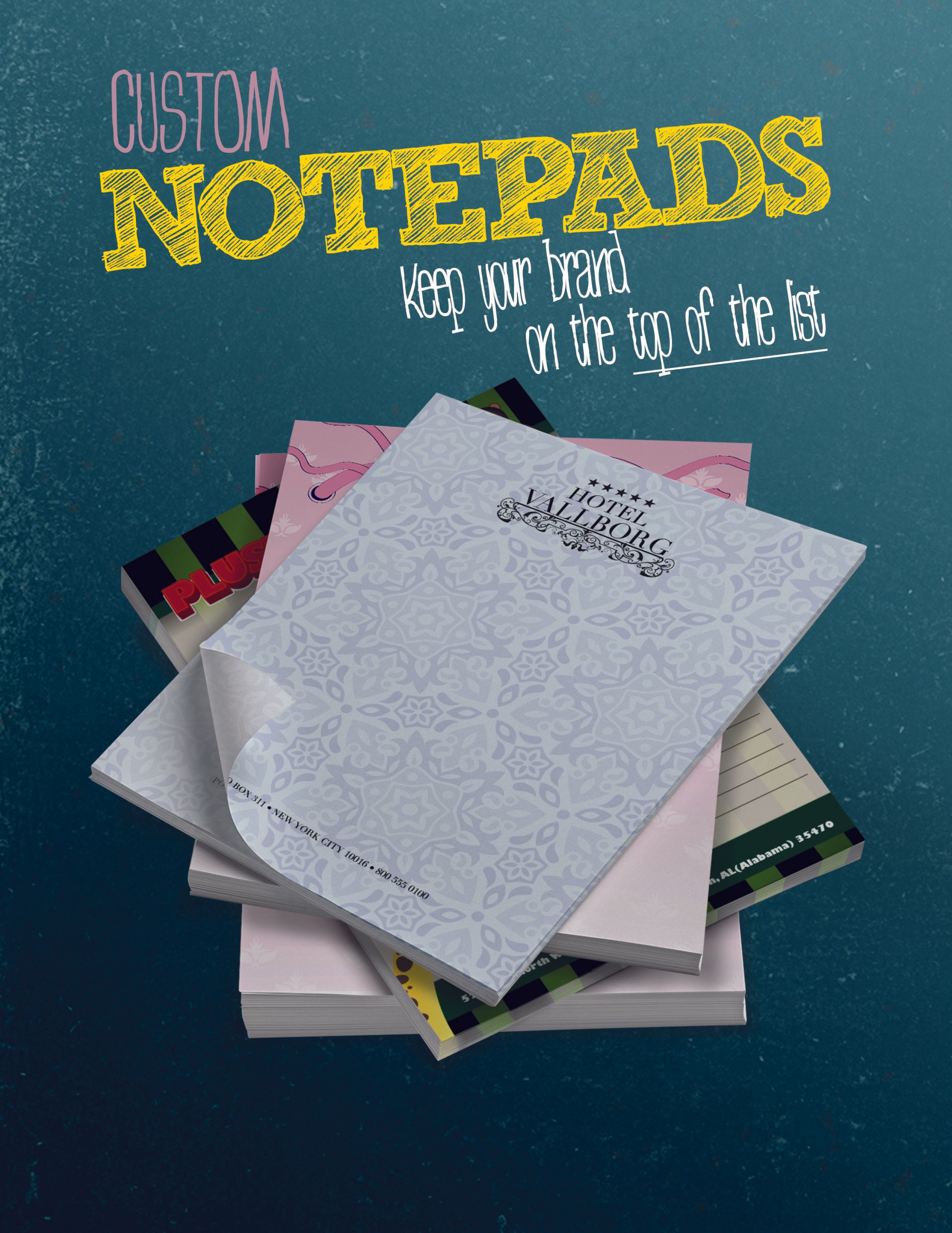 A stack of custom notepads sitting on top of each other