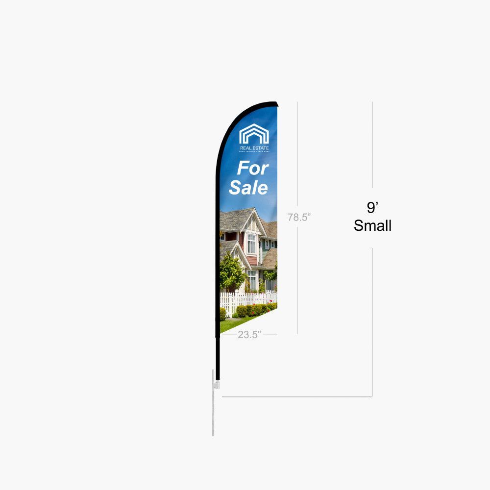 A for sale flag with a picture of a house on it.