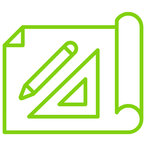 A bright green line-art icon of a rolled blueprint featuring a pencil and a triangle ruler.