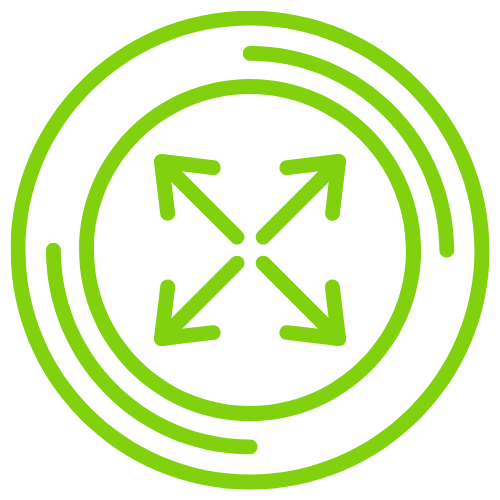 A lime green icon featuring four arrows pointing outward from a central point, enclosed within two concentric circular lines.
