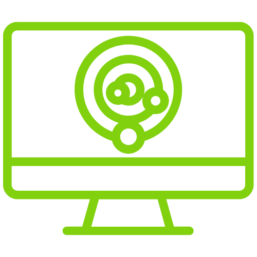 A green line-art icon of a computer monitor displaying a circular radar or target graphic with small dots.