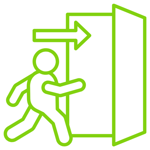 A green line icon of a person running toward an open door, indicating an emergency exit.