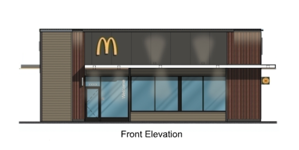 Front elevation of a McDonald's restaurant. Features include a black facade, golden arches, and wooden siding accents.