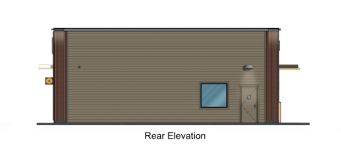 Rear elevation of a tan building with a blue window and a brown door.