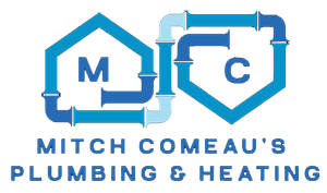 Logo for Mitch Comeau’s Plumbing & Heating with blue house and pipe icons and the initials M and C
