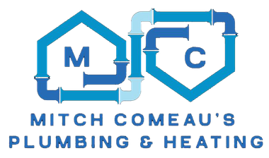 Logo for Mitch Comeau&rsquo;s Plumbing & Heating with blue house and pipe icons and the initials M and C