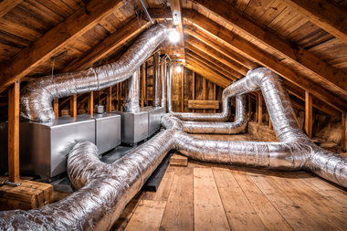 HVAC system in attic with silver ductwork snaking through wooden beams.