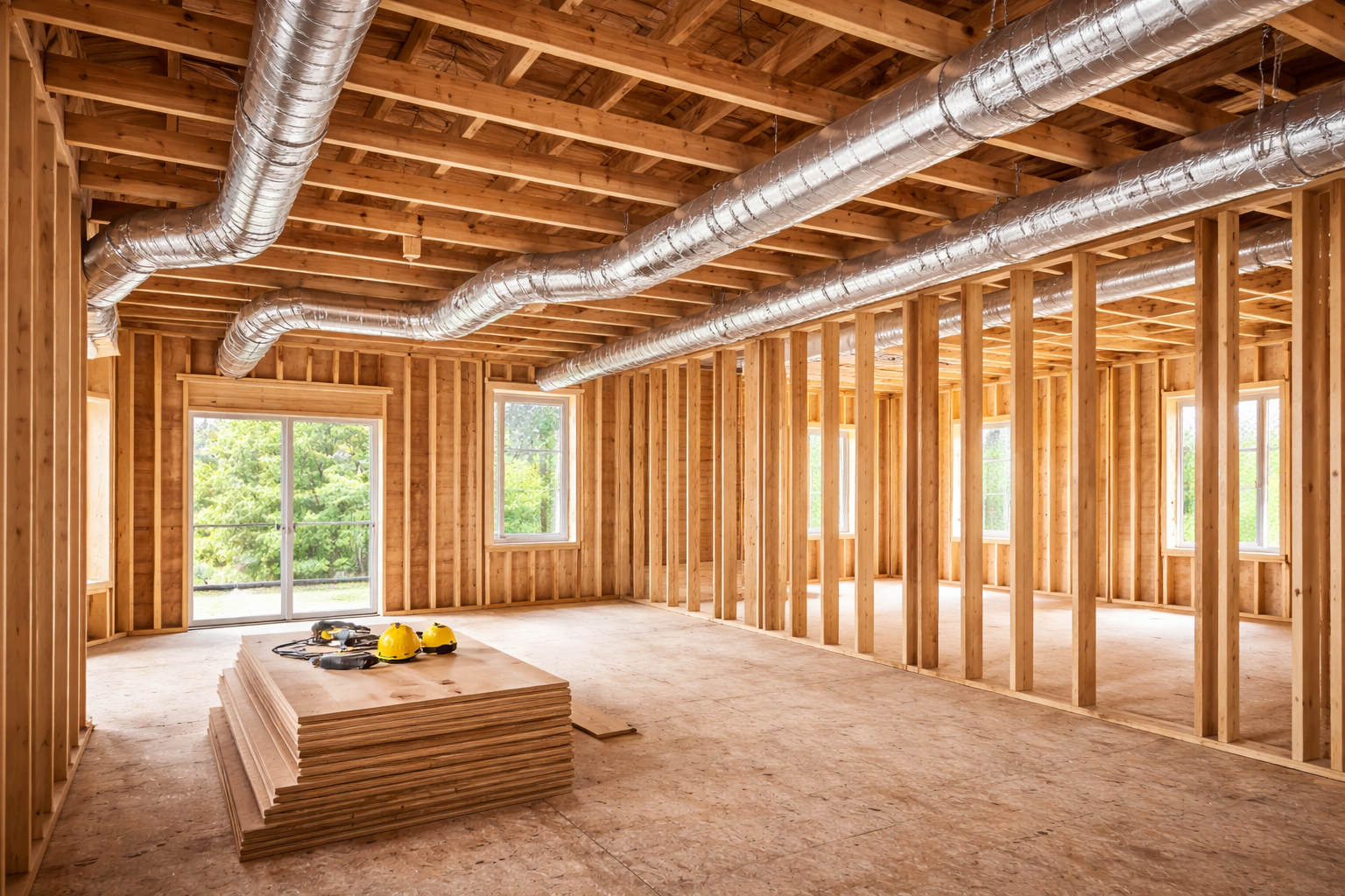 Interior of a building under construction, showing wooden framing, ductwork, and plywood.