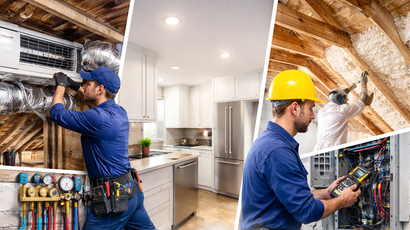 Split collage: worker installing HVAC unit, kitchen interior, worker inspecting electrical panel.
