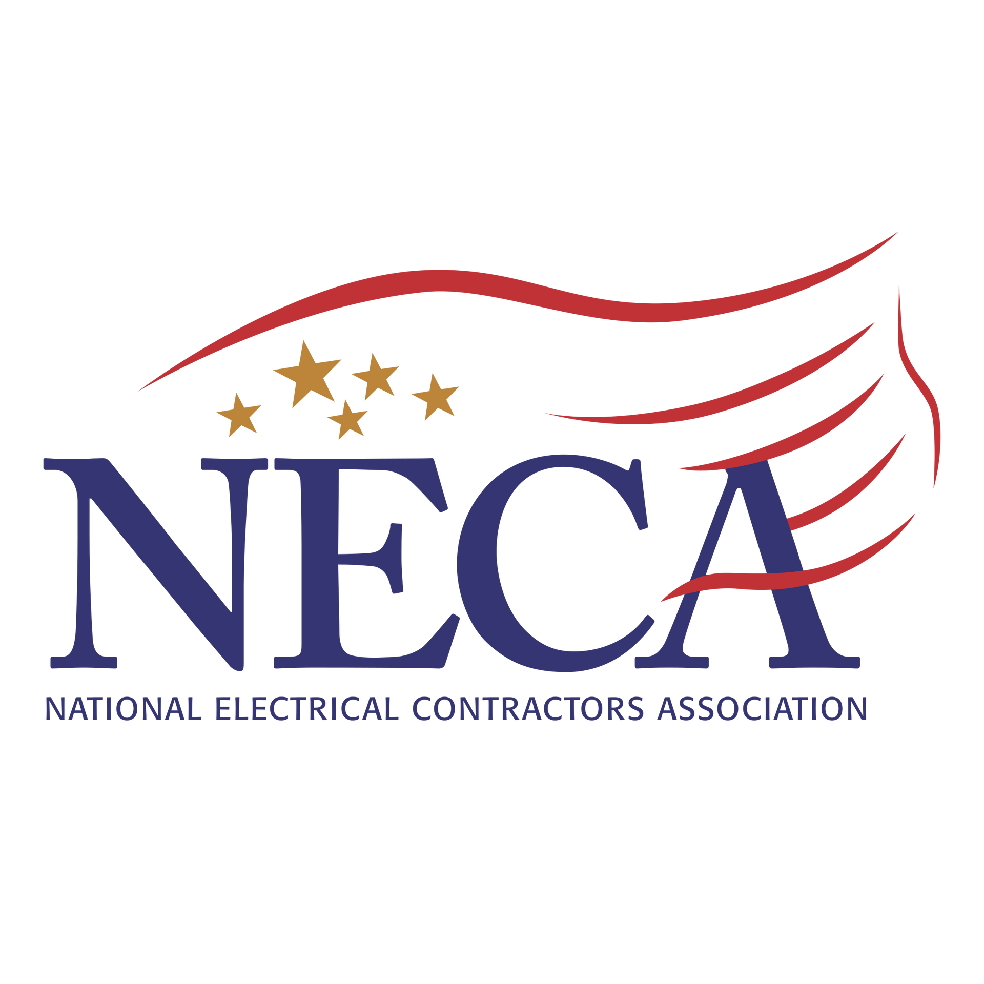NECA logo with navy blue text and a red winged design over the text.
