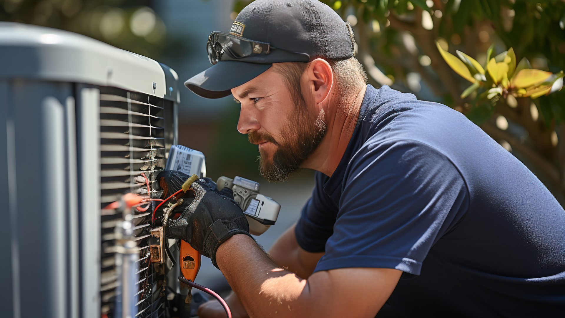 HVAC technician in cap and gloves, working on an AC unit outside, inspecting wiring with a meter.