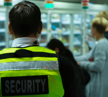 Rear view of a security guard in a black 