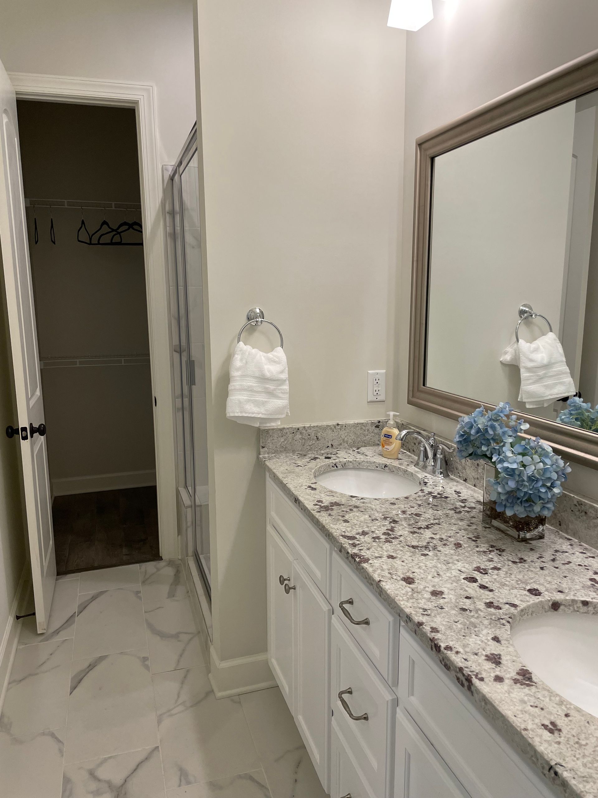 Bathroom with white cabinets, speckled countertop, and walk-in closet.