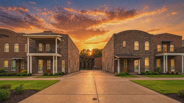 The Station brick townhomes on Main Avenue at sunset