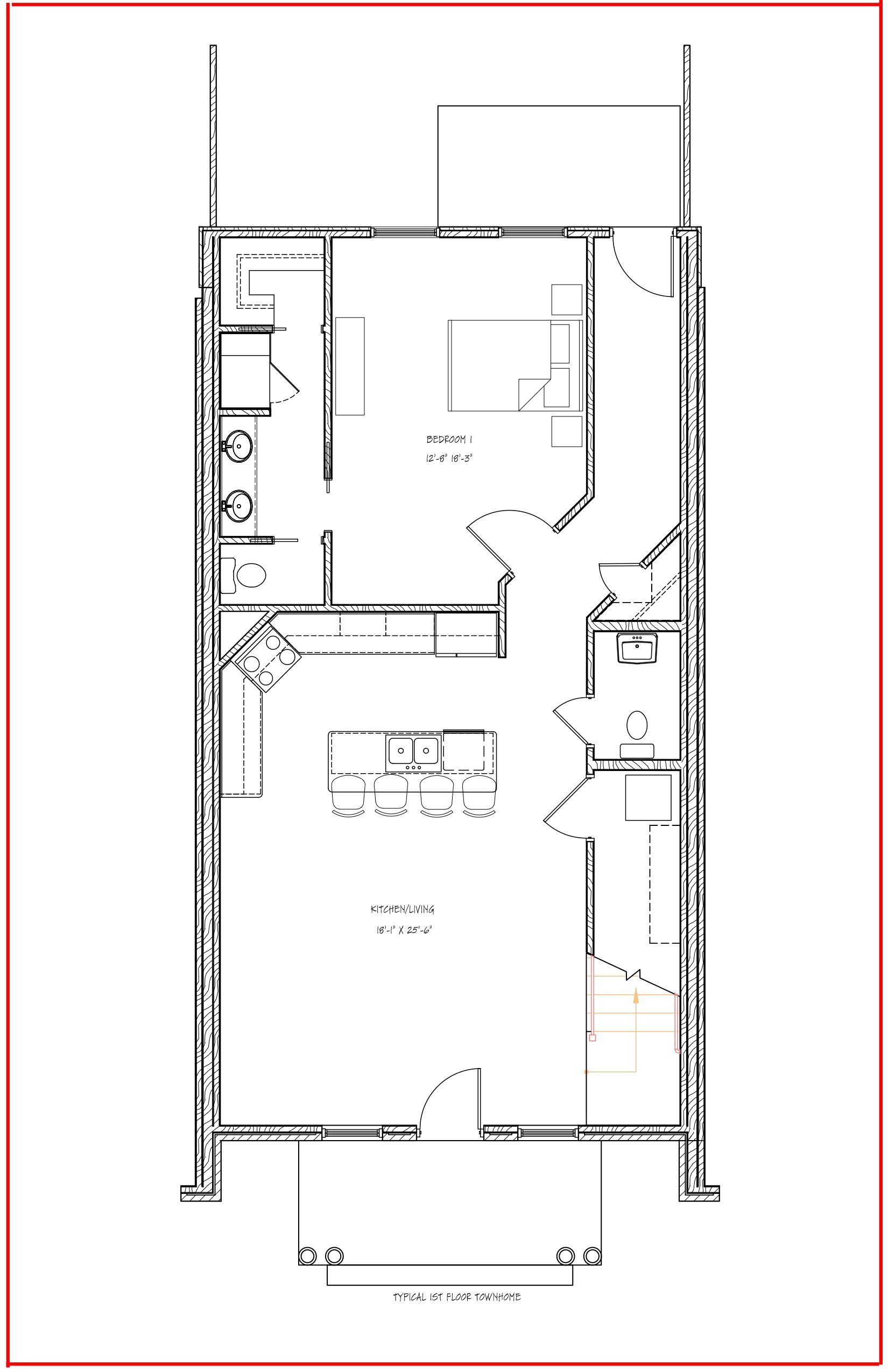 Floor plan of a narrow apartment, featuring rooms for living, dining, and sleeping; with a kitchen and bathroom.