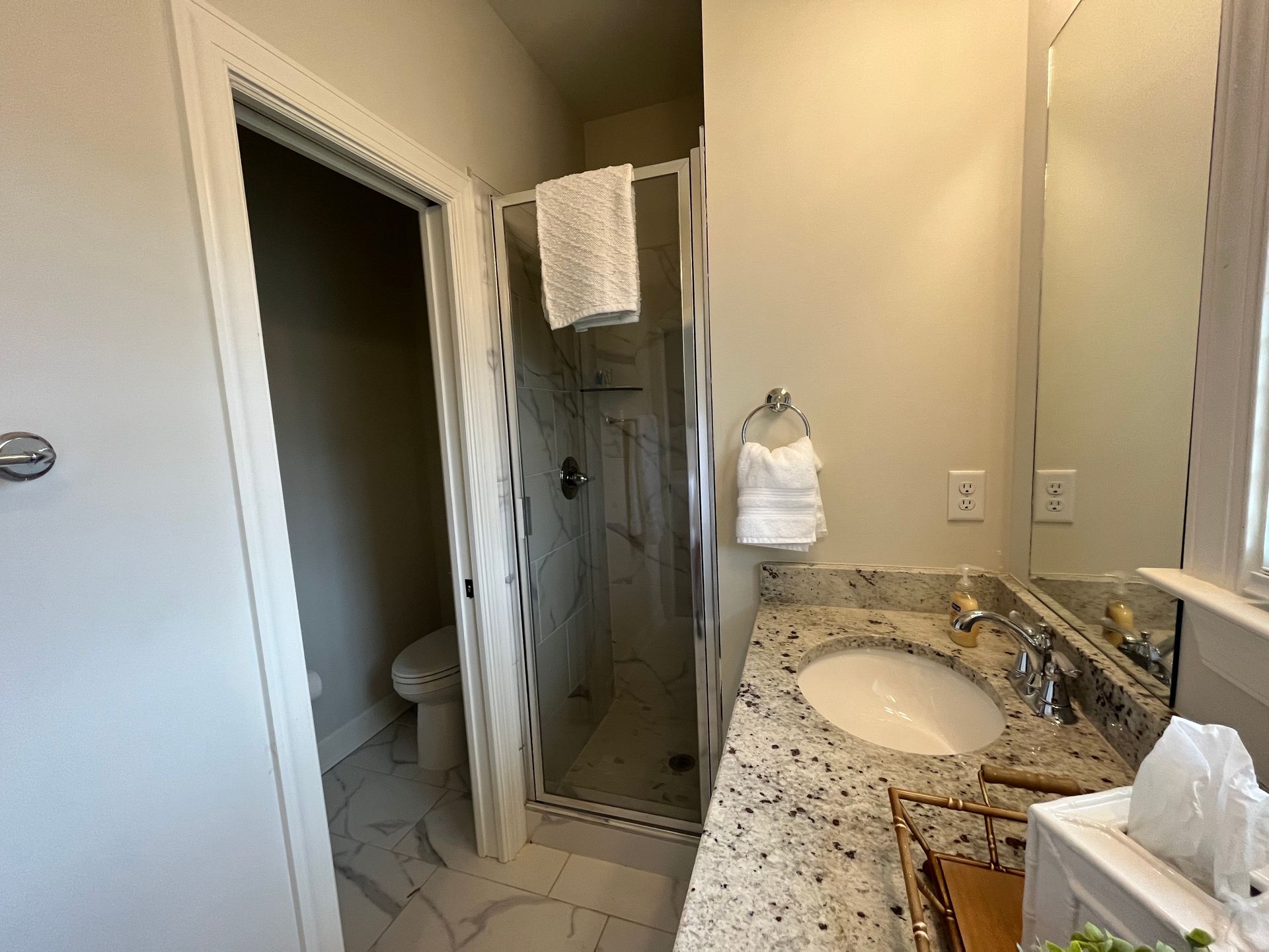 Bathroom with vanity, shower, and toilet, featuring light granite countertop and white towels.