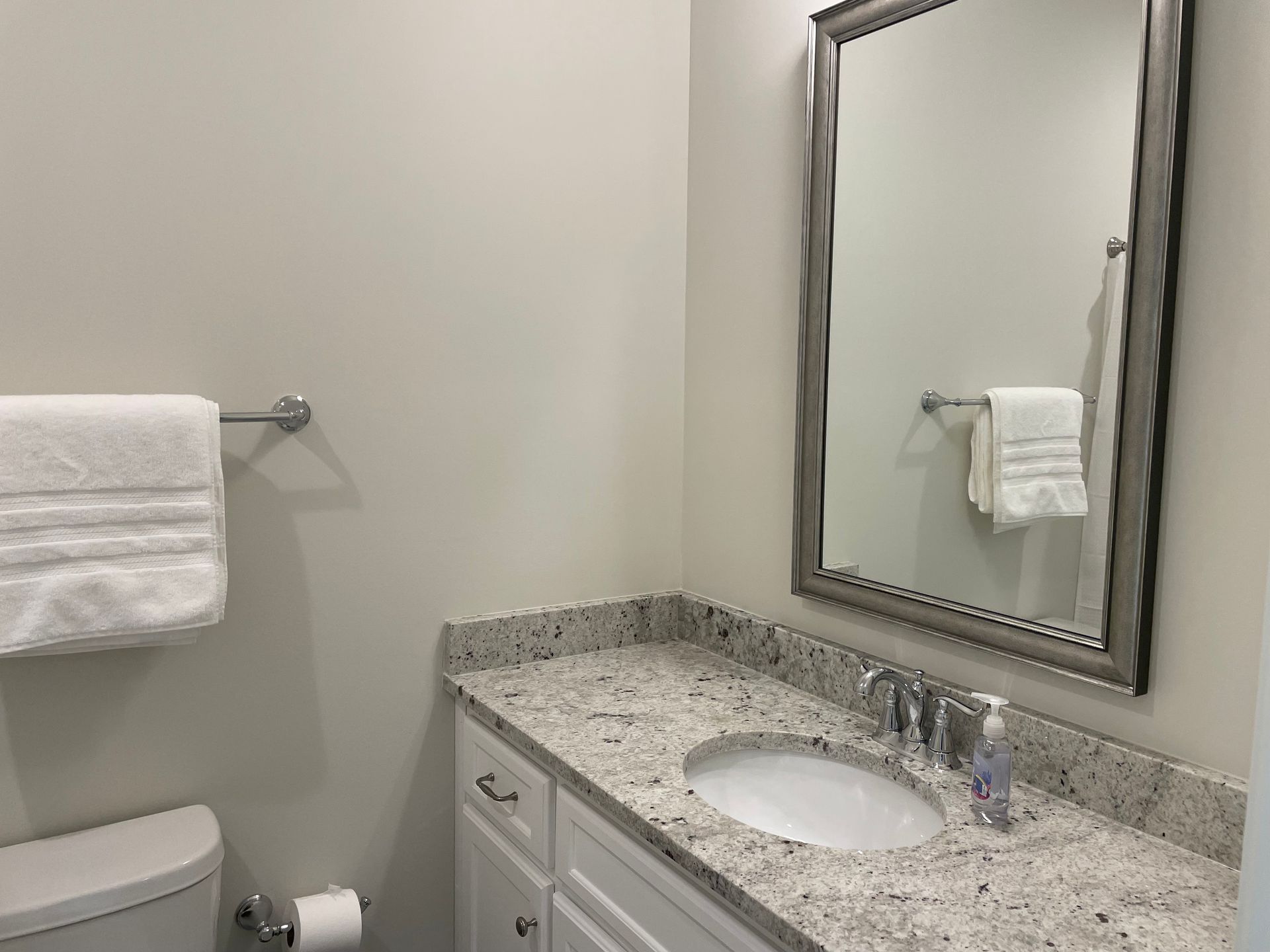 Bathroom with white vanity, granite countertop, mirror, and towel rack.