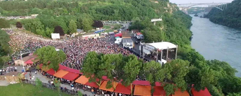 An aerial view of a large crowd of people at a concert.