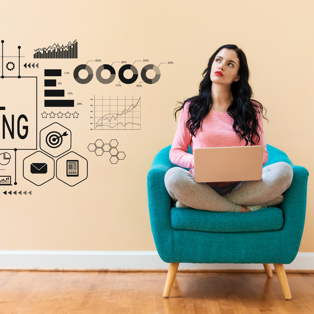 Digital marketing strategy concept with analytics and a person using a laptop