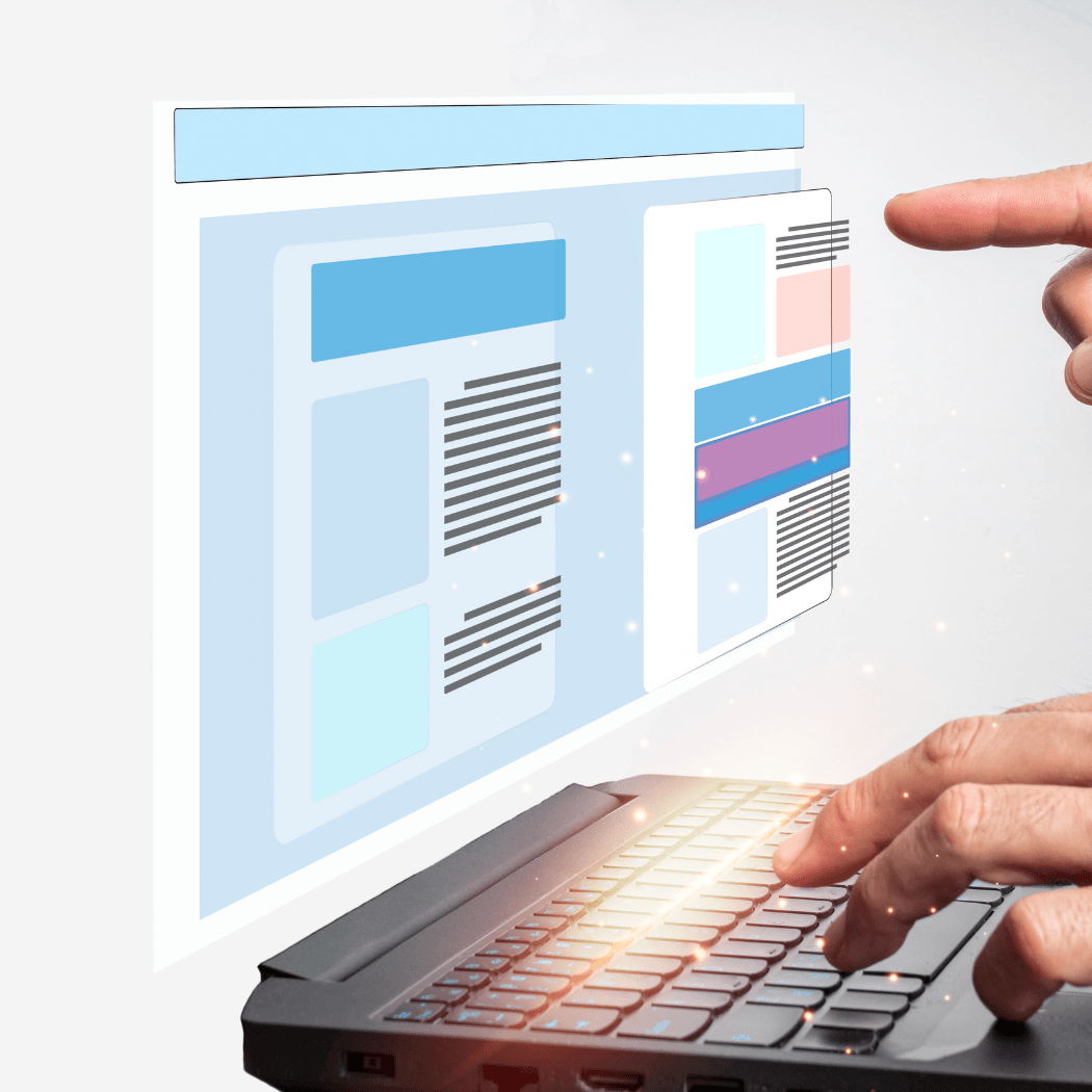 Person designing a website layout on a laptop with a digital interface mockup
