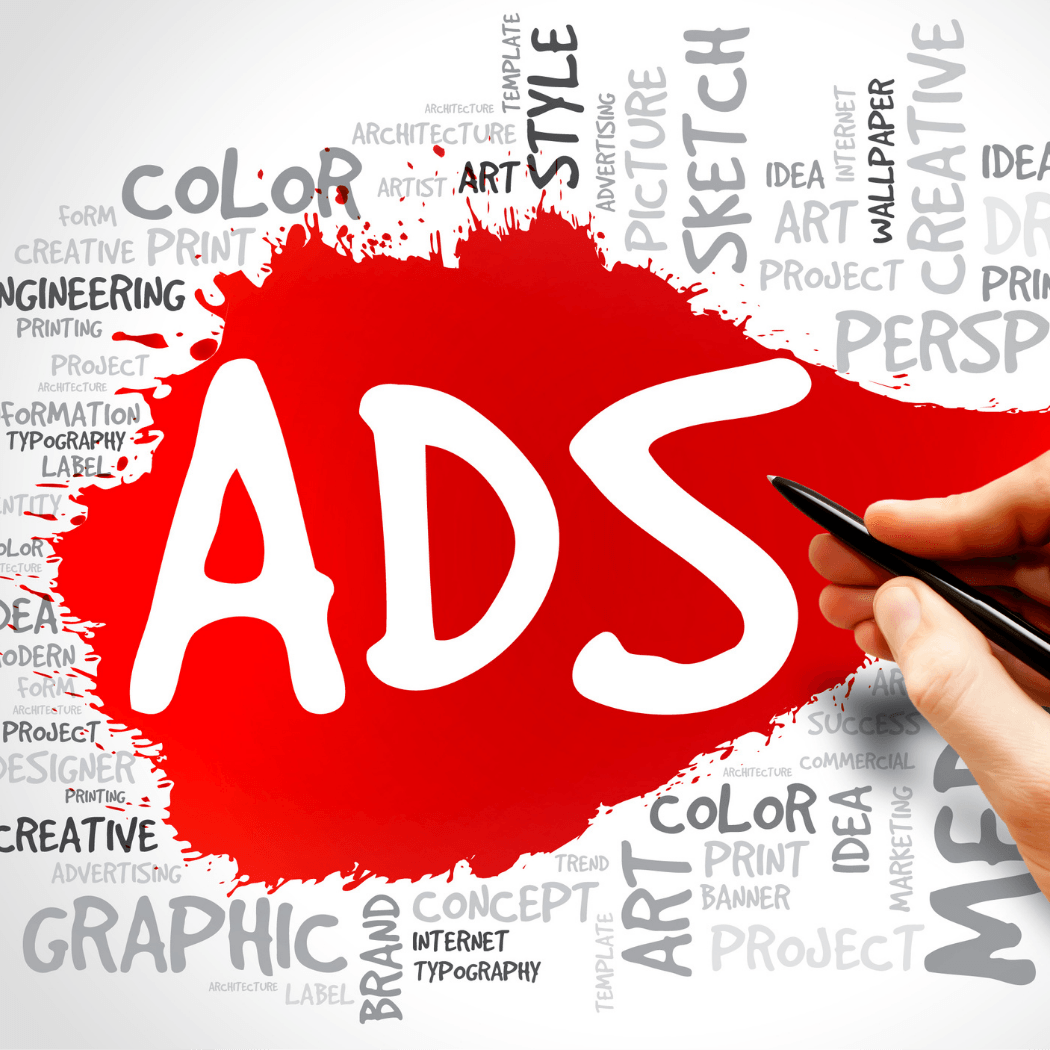 ADS graphic with a red paint splash and design-related keywords in the background