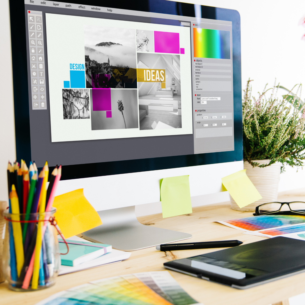 Graphic design workspace with a desktop displaying a creative design project
