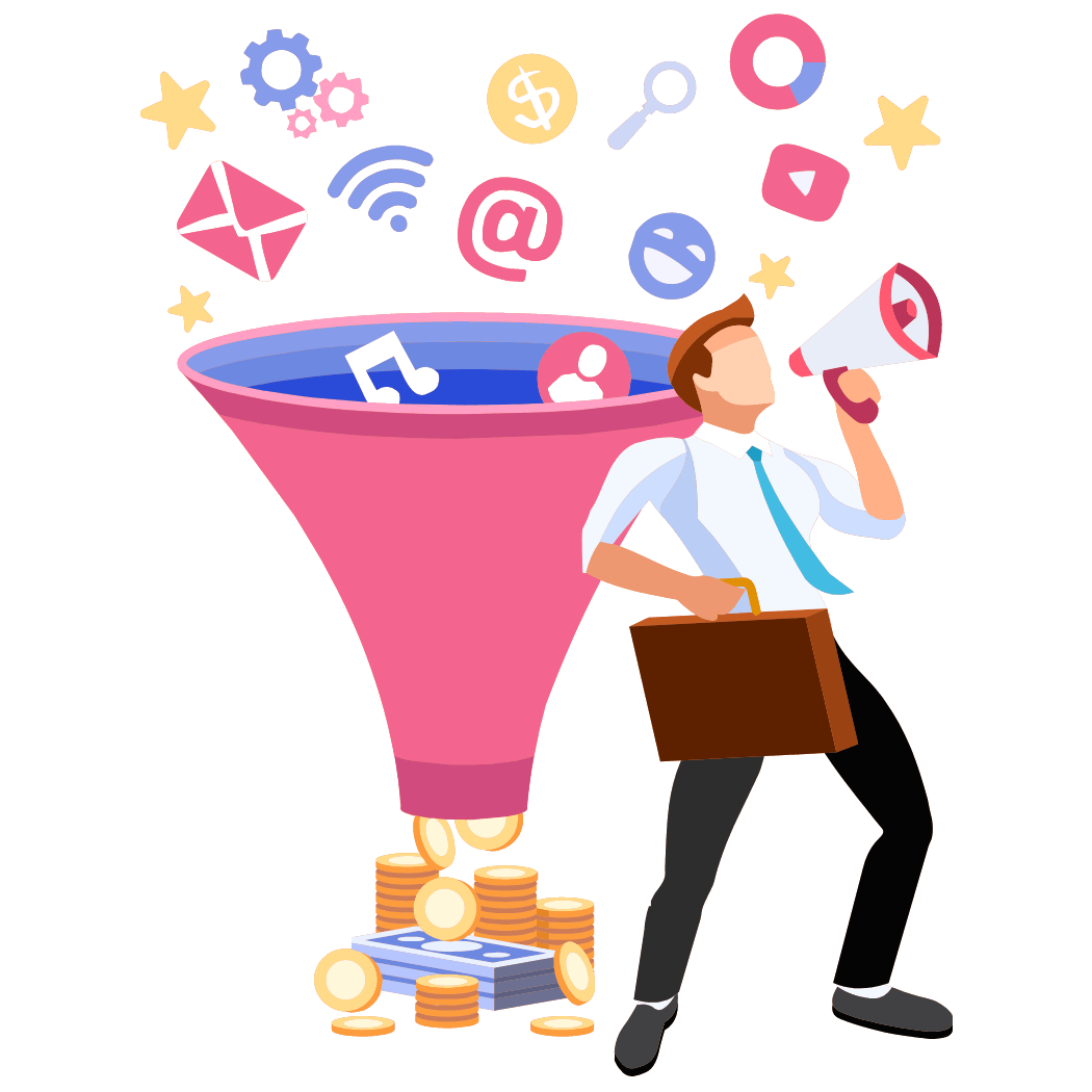 Social media marketing illustration representing business growth across Facebook, Instagram, LinkedIn, and TikTok