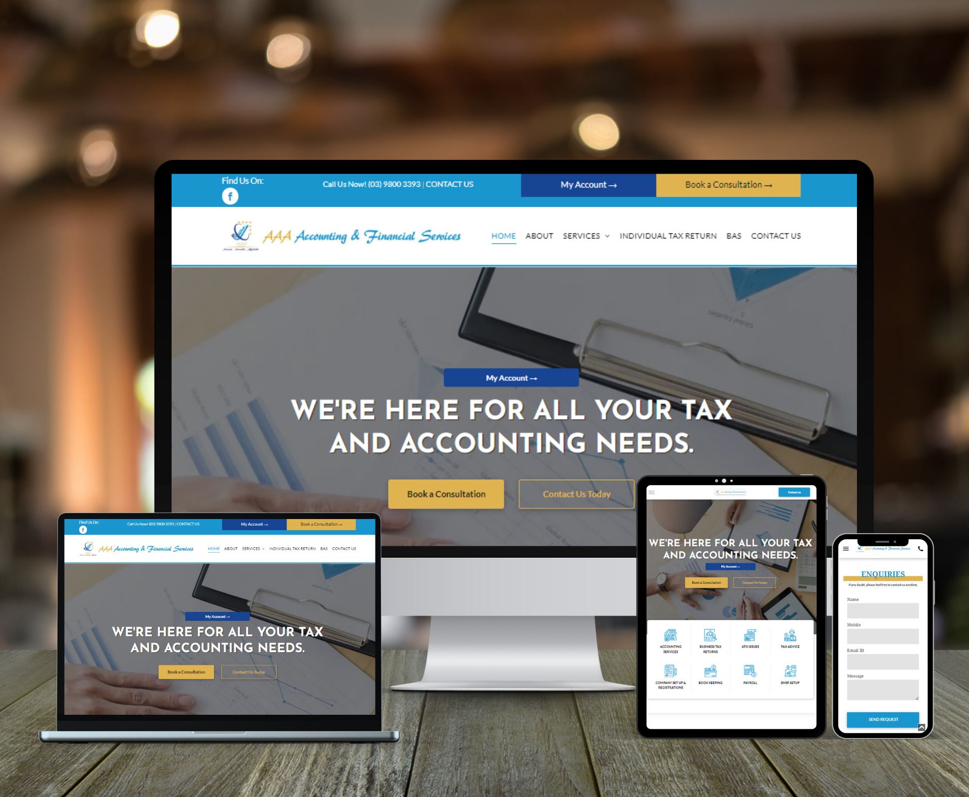 AAA Accounting website design displayed in a desktop browser mockup.
