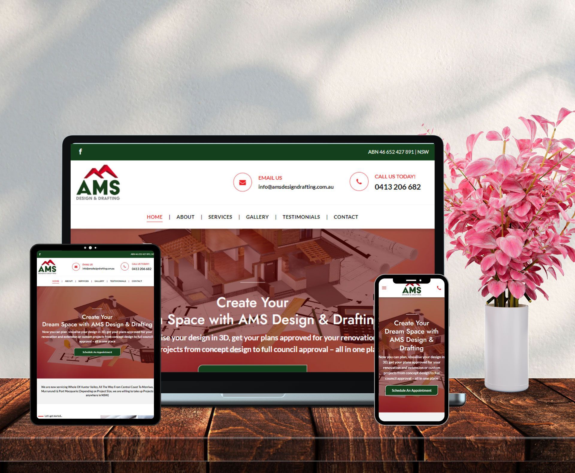 AMS Design & Drafting website design displayed in a desktop browser mockup
