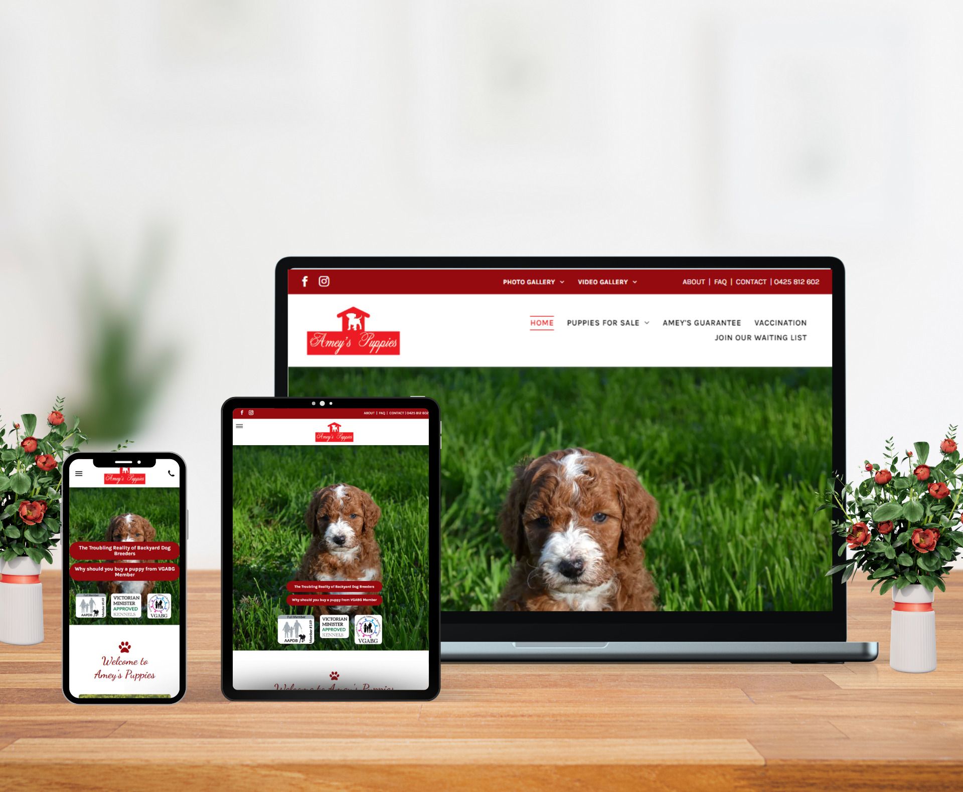 Ameys Puppies website design displayed in a desktop browser mockup
