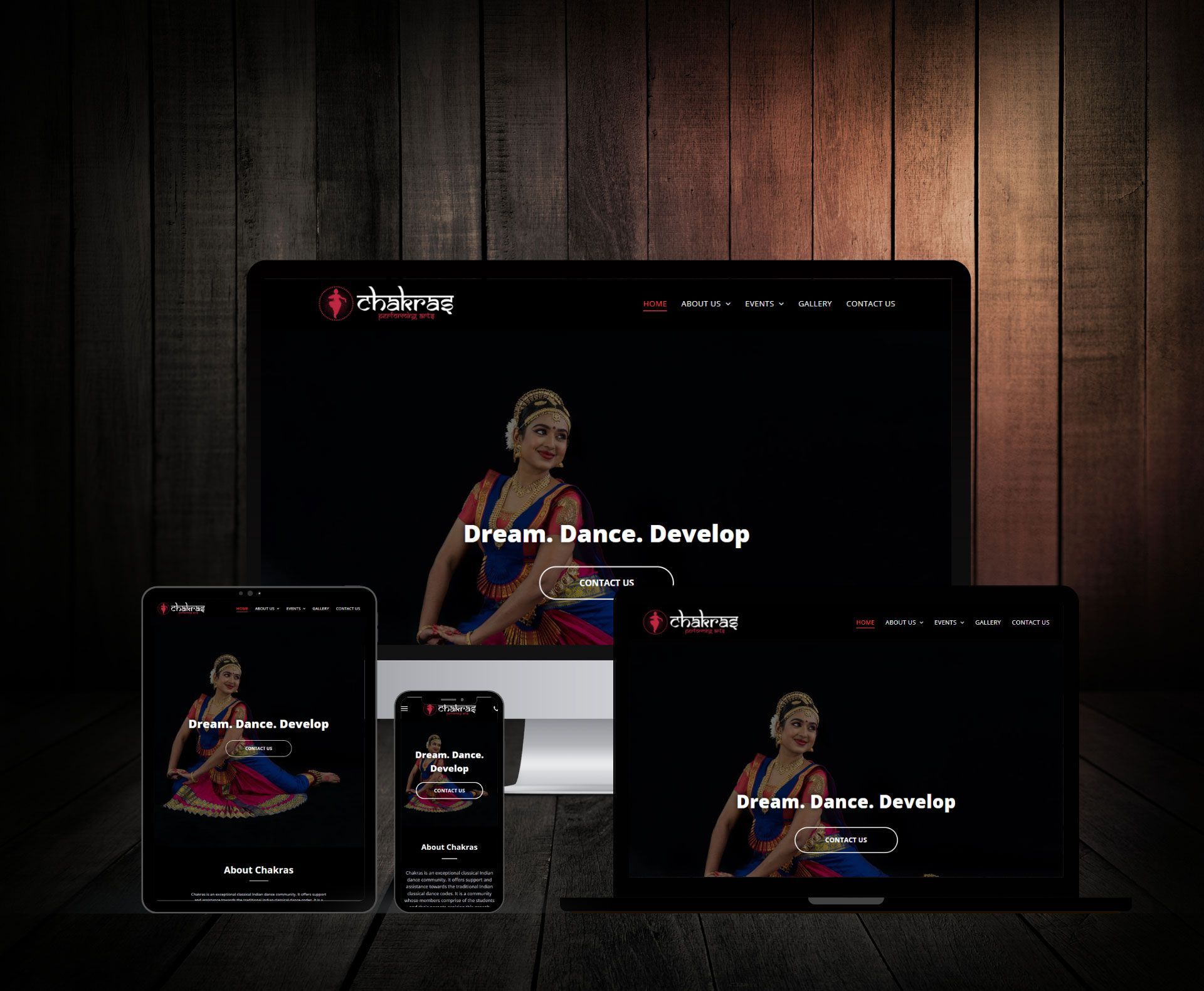 Chakras Dance School website design displayed in a desktop browser mockup