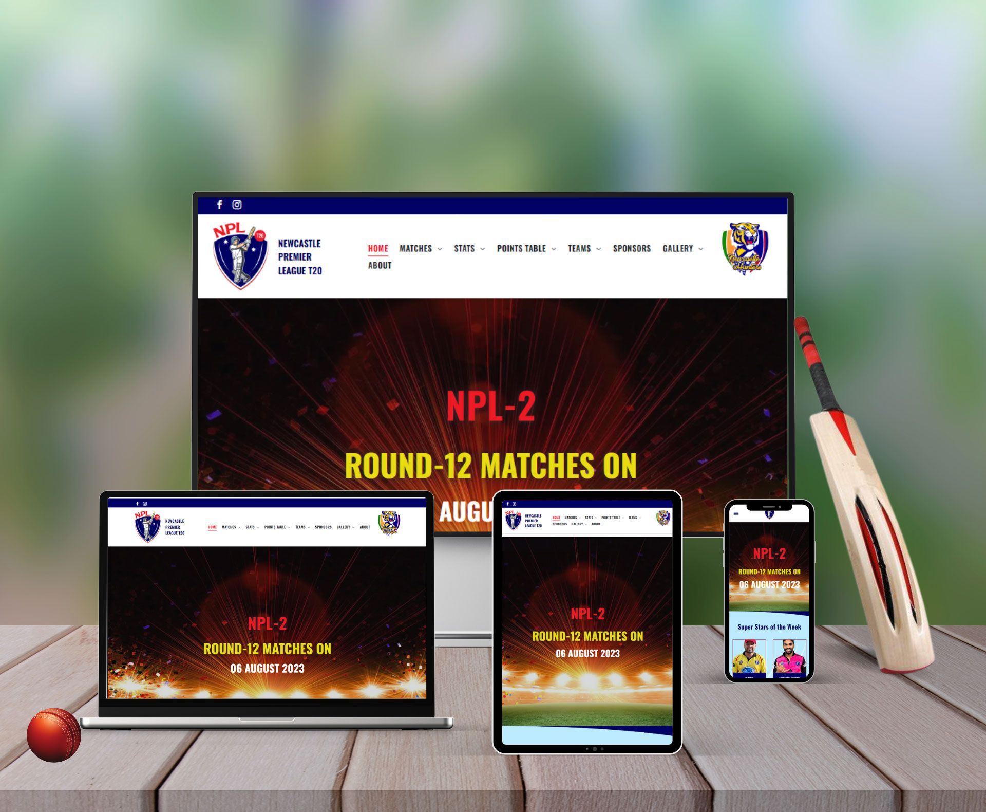 NPL Cricket League website design displayed in a desktop browser mockup