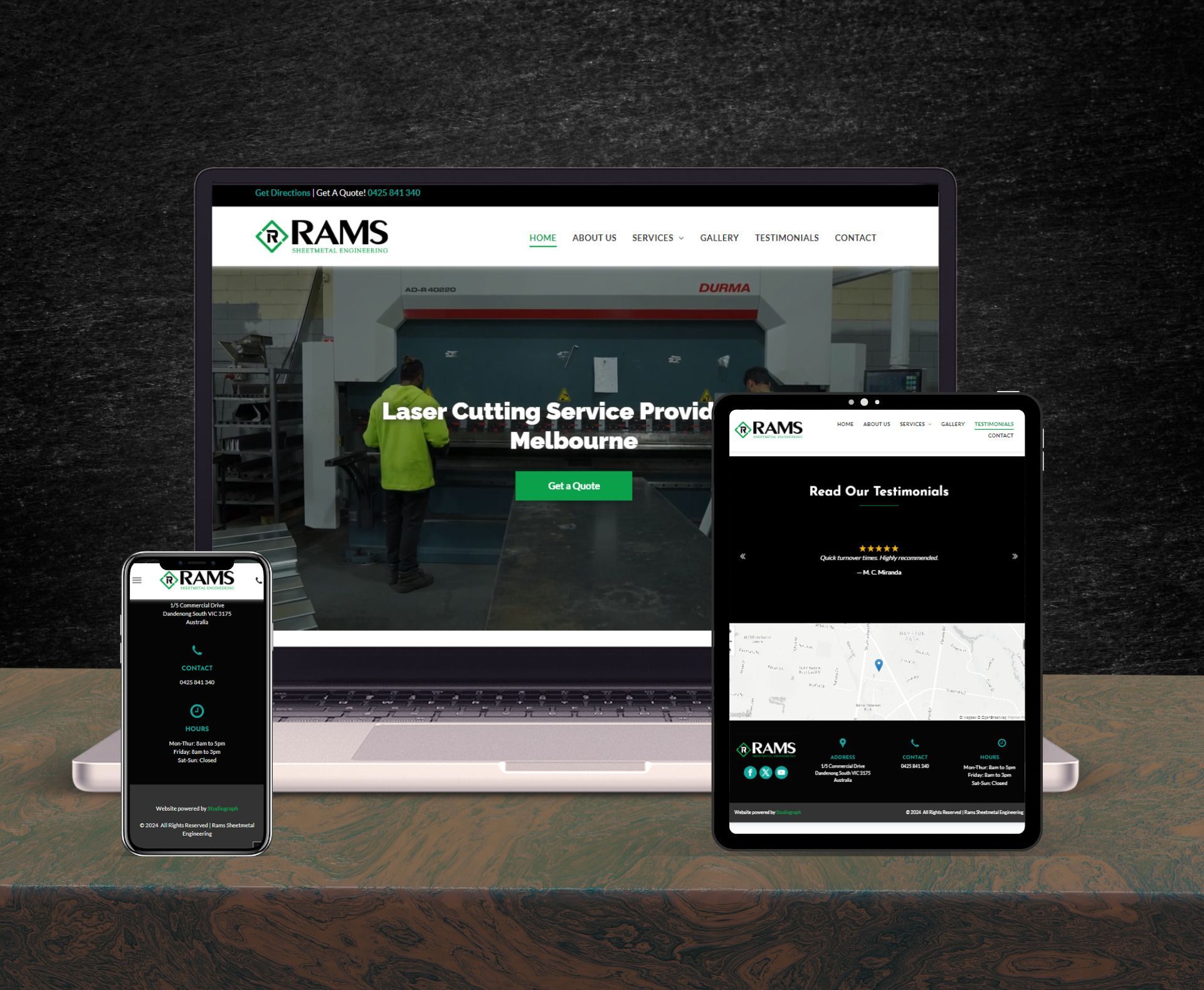 Rams Sheet Metal website design displayed in a desktop browser mockup