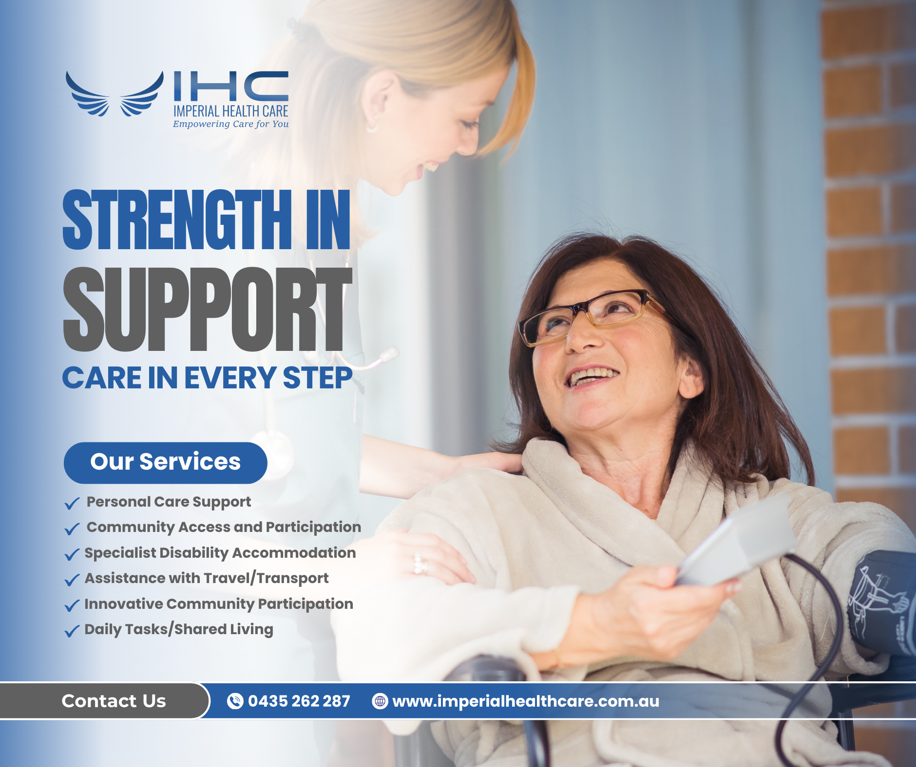 Imperial Health Care banner featuring a caregiver assisting a smiling client with personalized support services