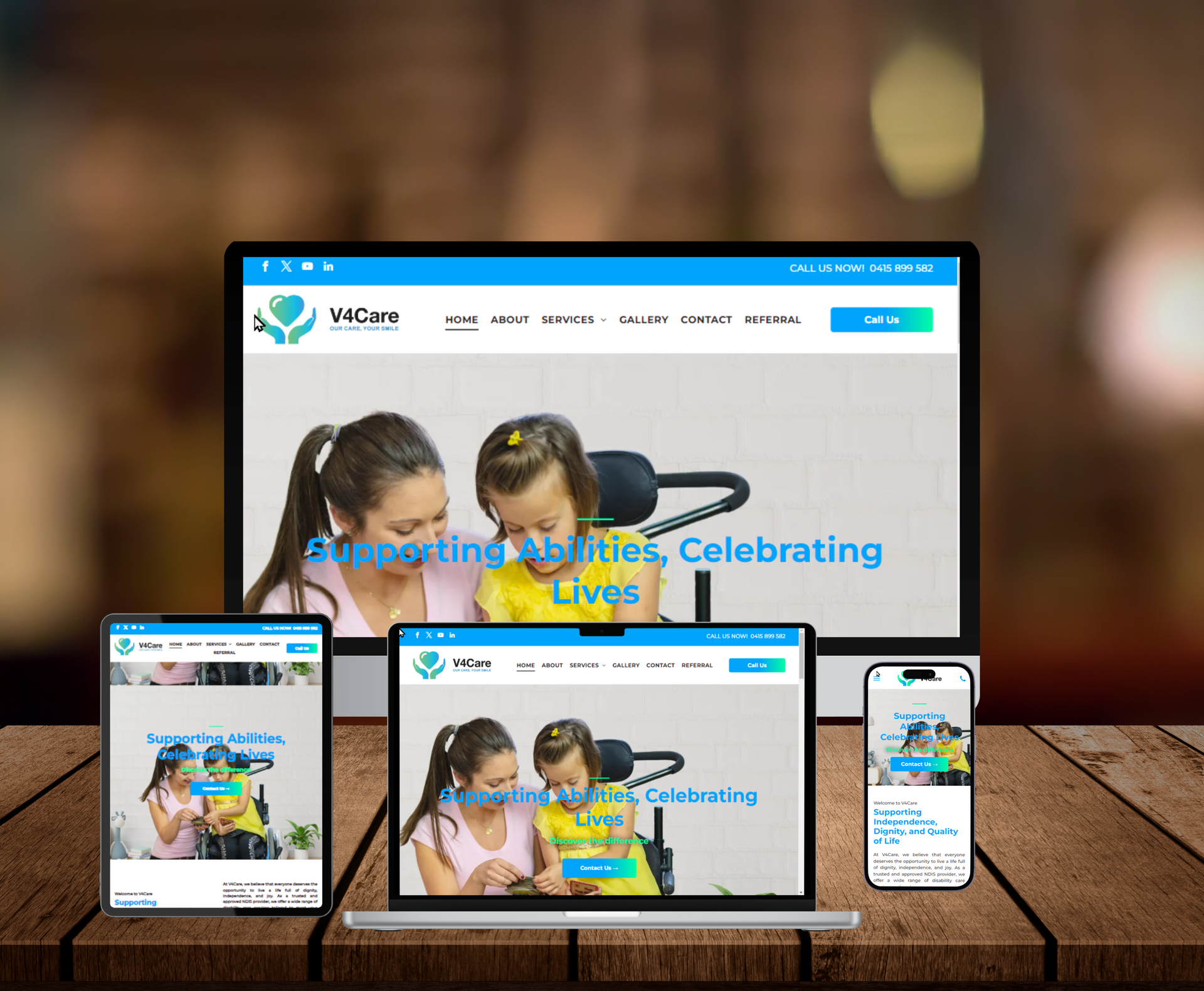 VCare website design displayed in a desktop browser mockup.