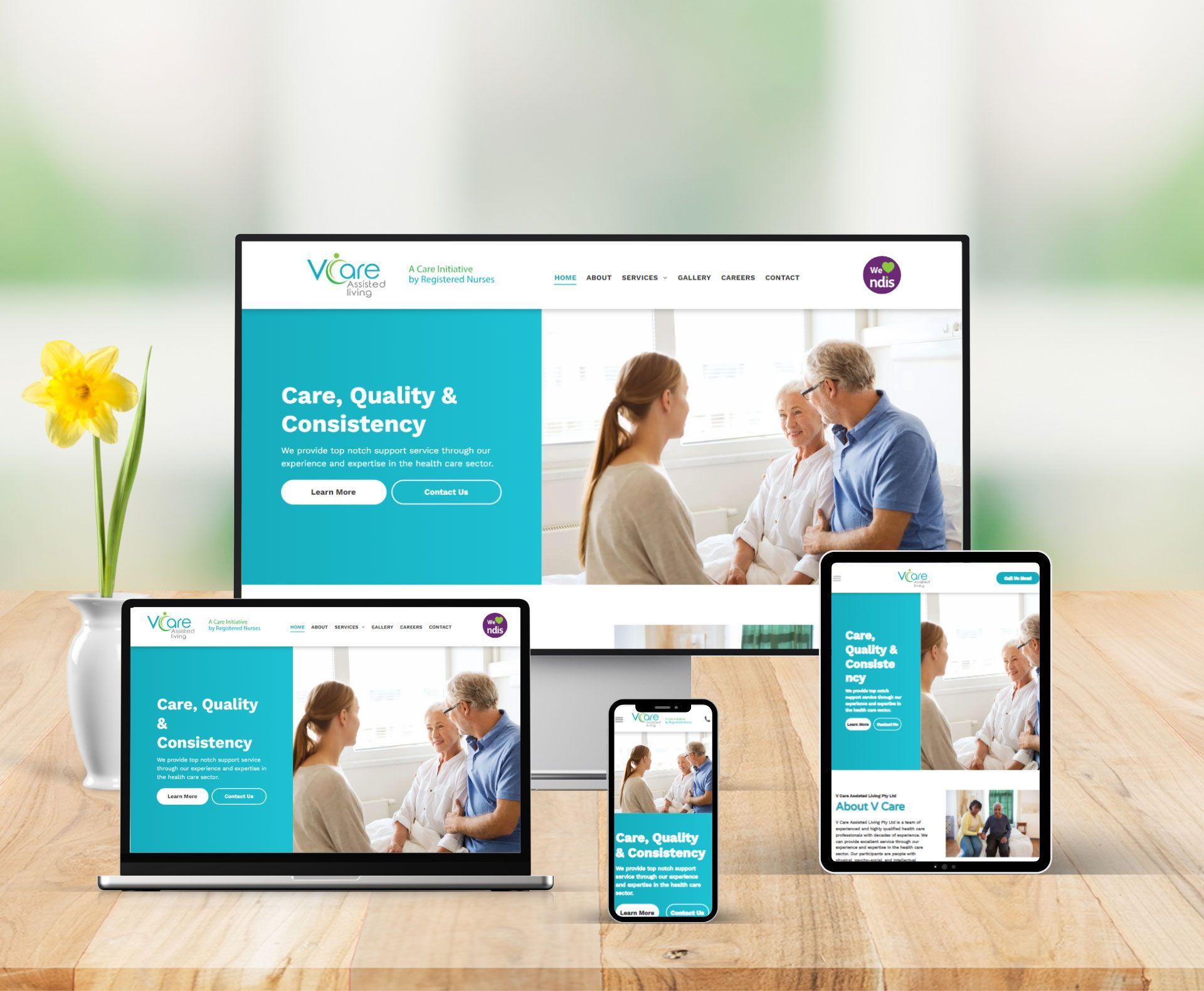 VCare Assisted Living website design displayed in a desktop browser mockup