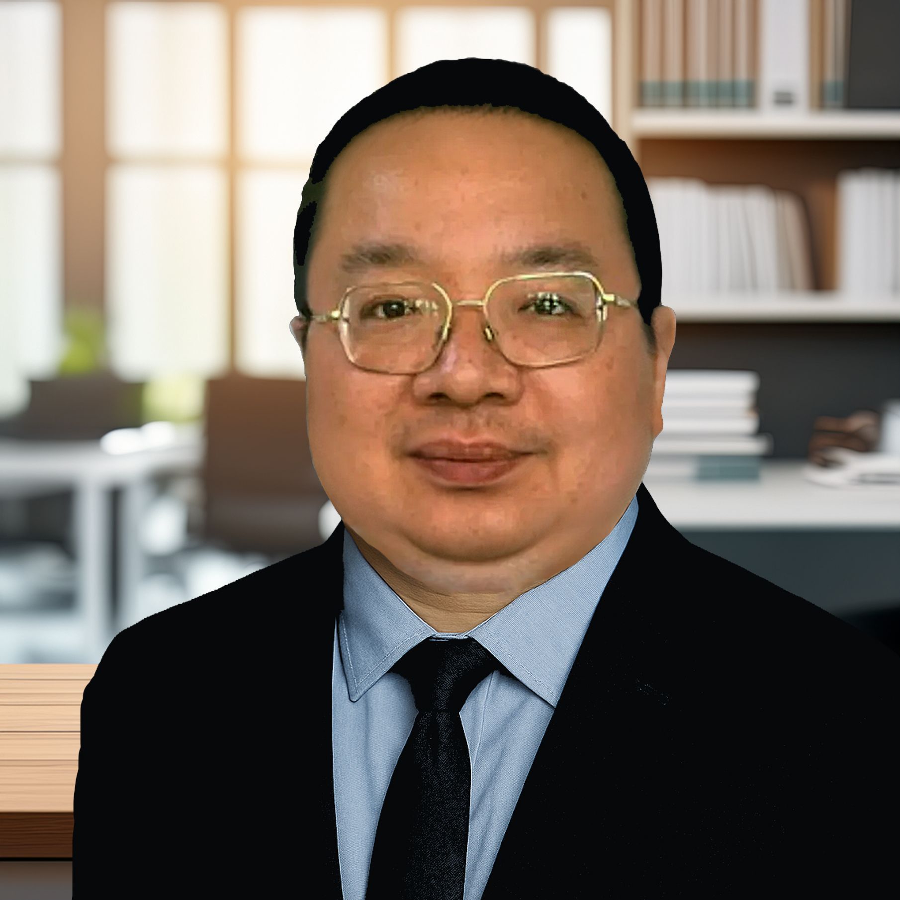 Man in suit, glasses, and tie against a dark background, looking forward.