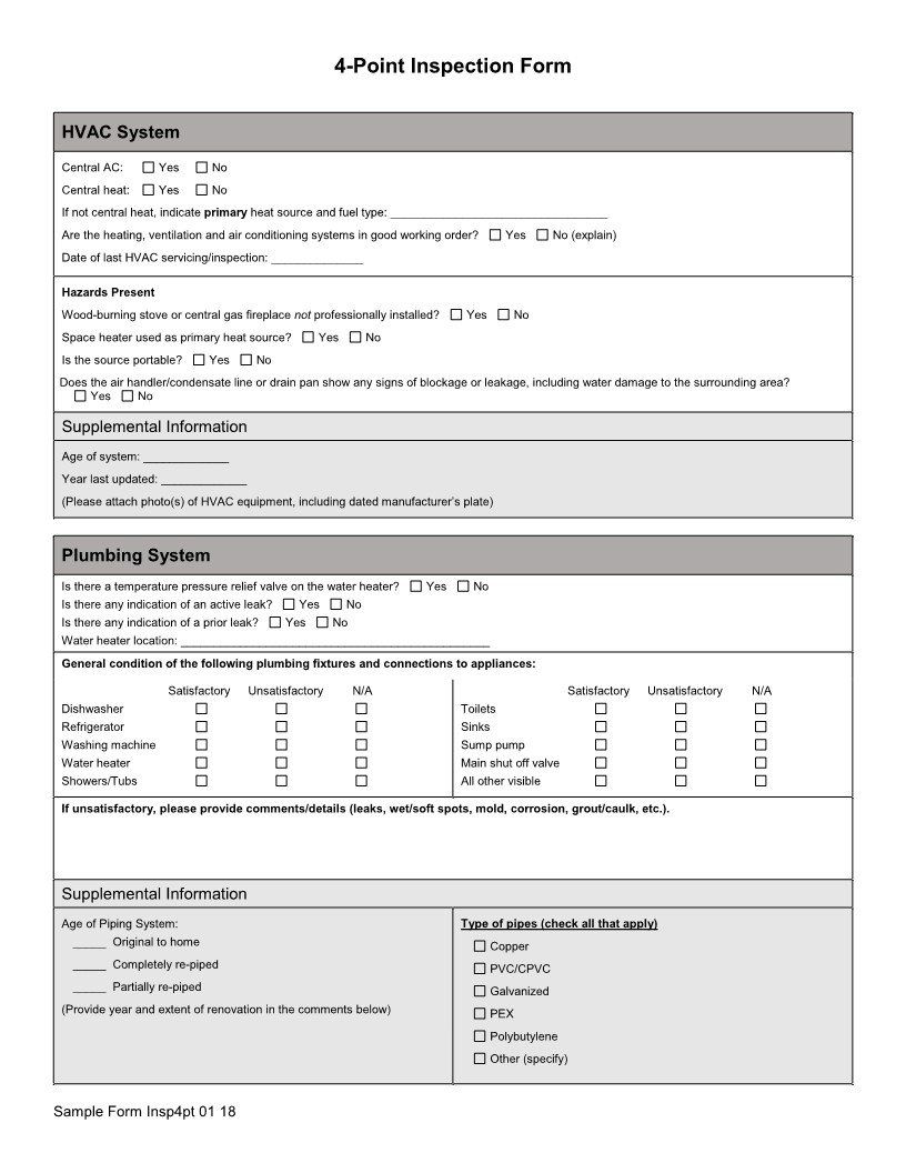 A page from a Period Inspection Plan, with checklists and fields for entering information.