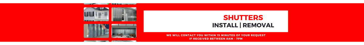 Red banner with image grid and text: SHUTTERS INSTALL REMOVAL.