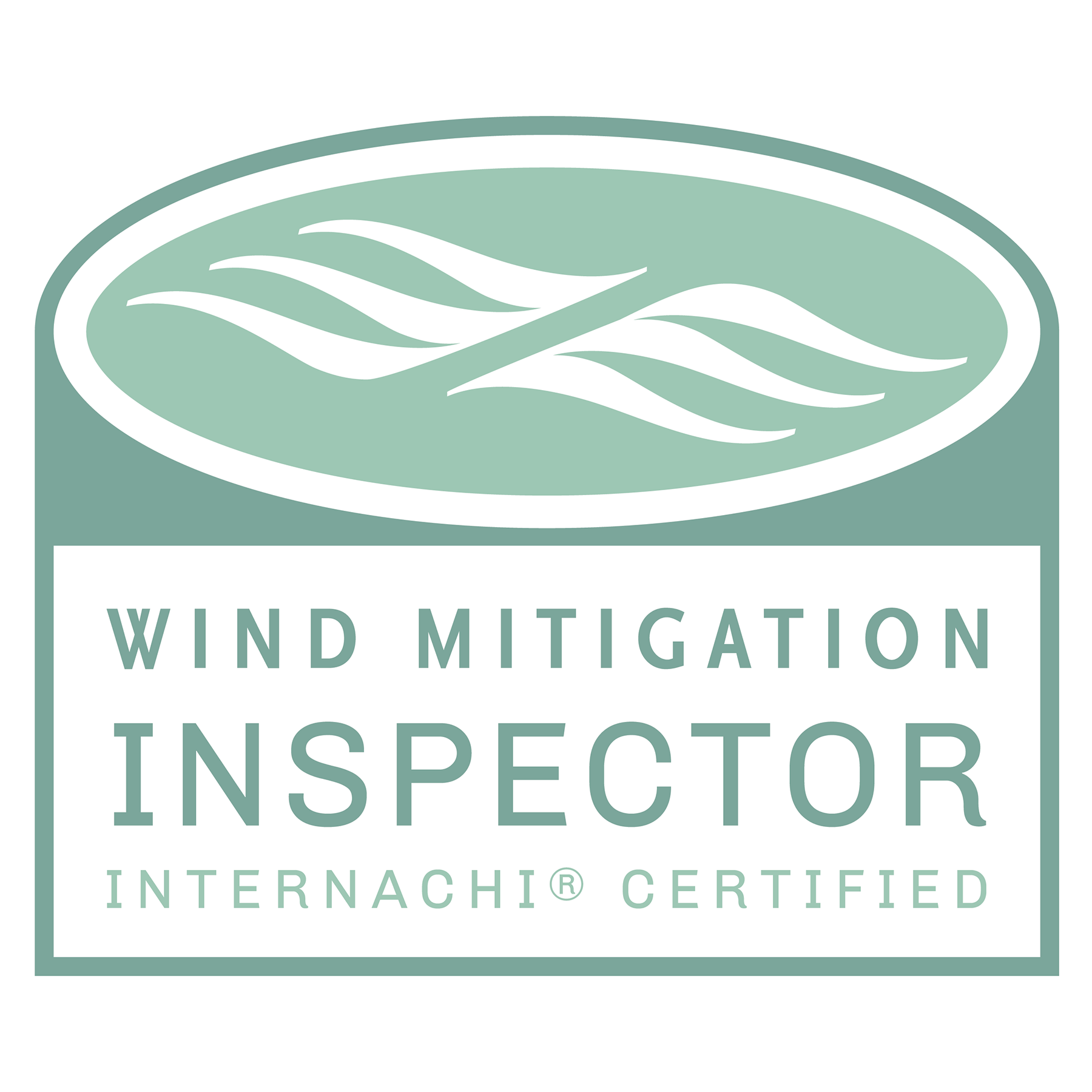 Wind Mitigation Inspector certification logo with teal and white colors. Contains wind symbol.