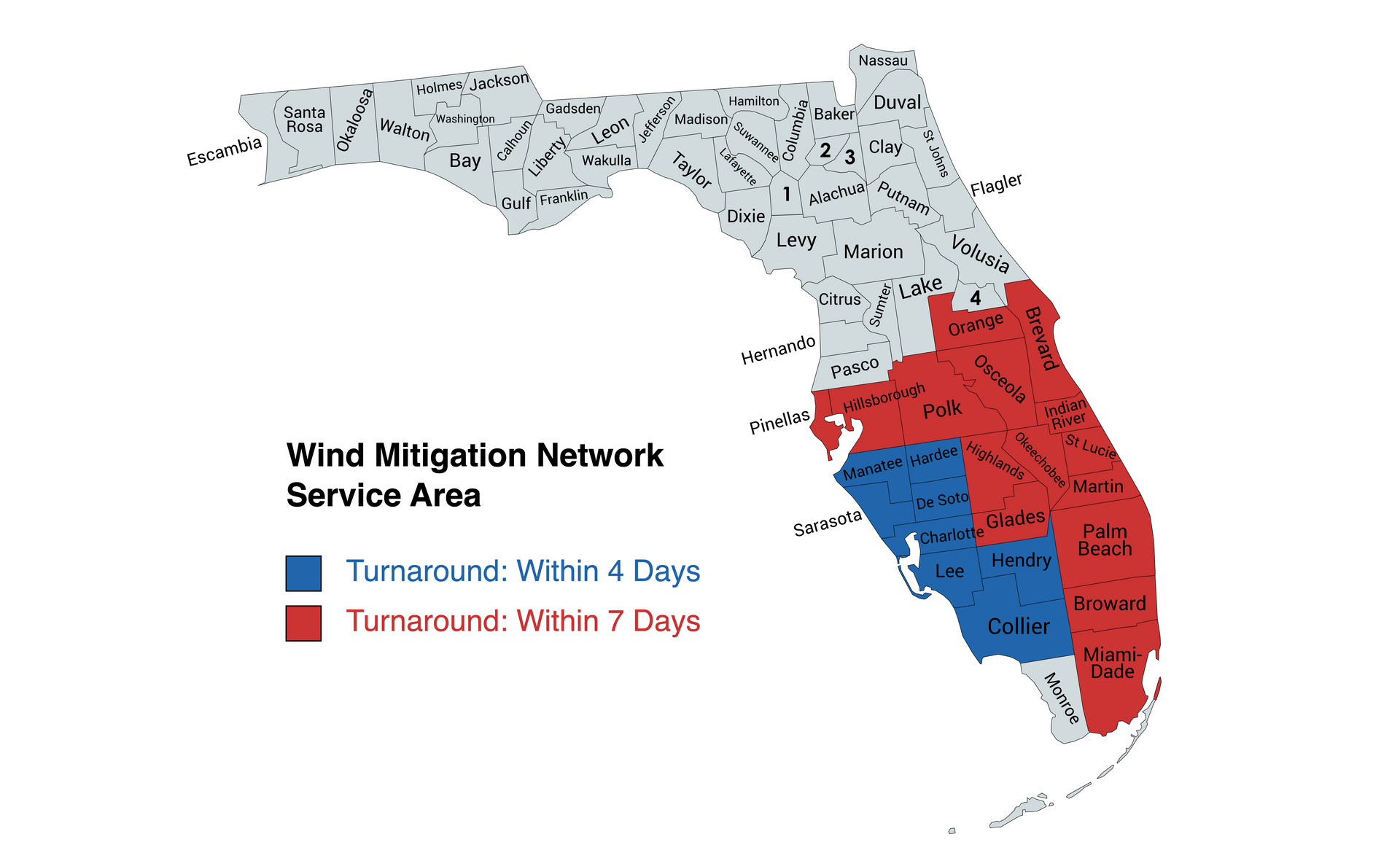 Map of Florida showing wind mitigation service areas, blue (4-day turnaround), and red (7-day).