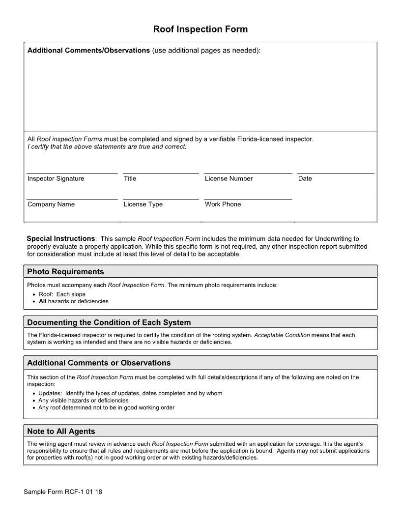 Roof inspection form with sections for information and assessment.