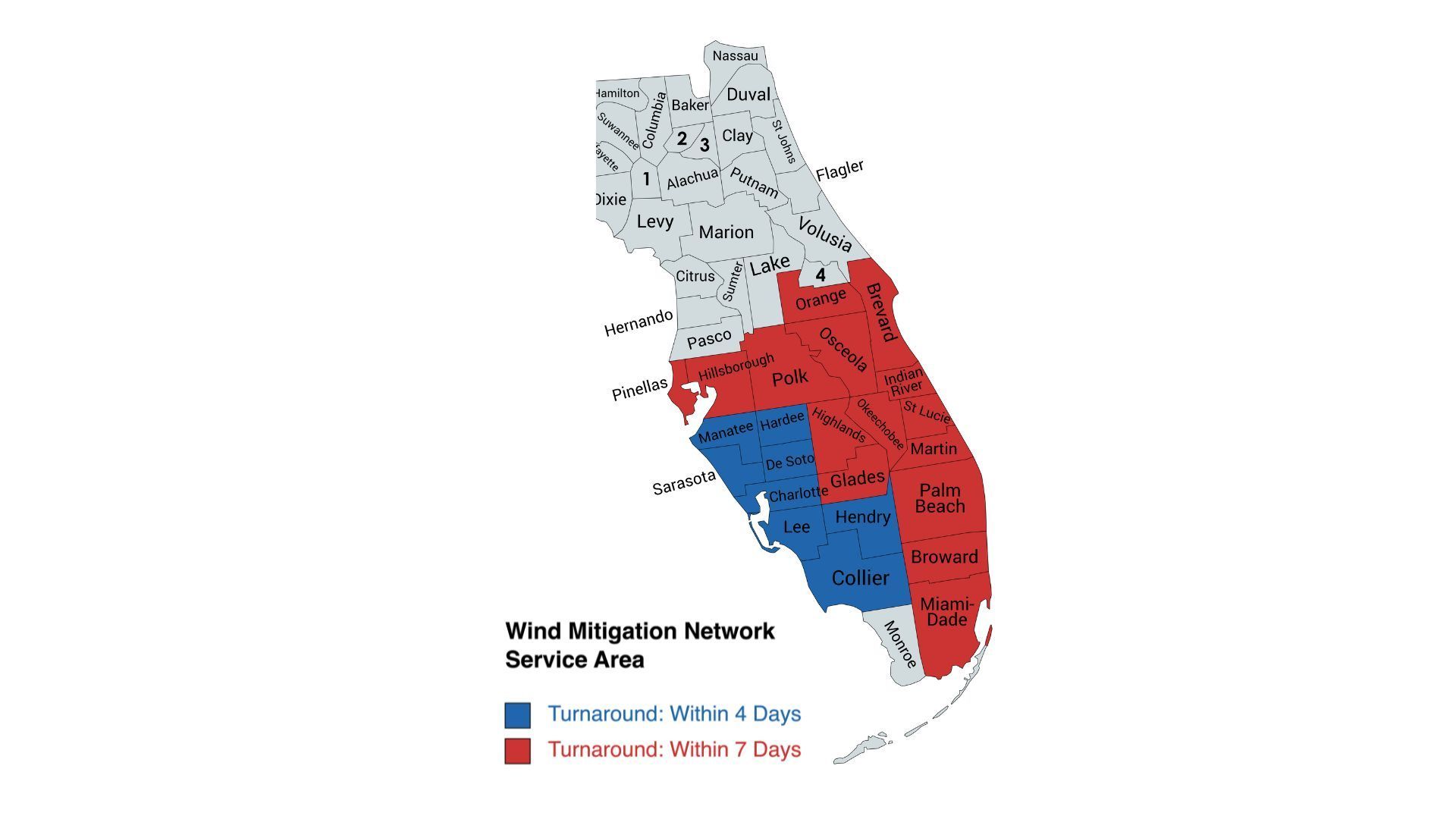 Map of Florida, showing areas with hurricane threat timelines: 3 days (blue) or 7 days (red).